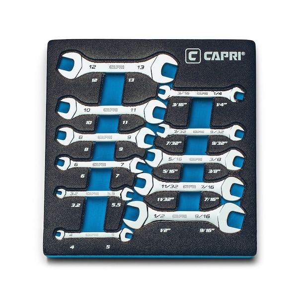 Slim Mini Open End Wrench Set W Mechanic's Tray, Metric and SAE, 3213mm and 316916, 11Pcs